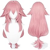 Half and Half Yae Miko Cosplay Wig Long Pink Anime Wig with Bangs 33'' Light Pink Spiky Layered Synthetic Hair for Women Halloween Party