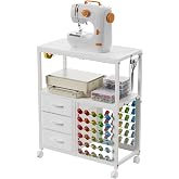 Sewing Table with 60 Spools Thread Holder and 3 Fabric Drawers, Rolling Sewing Machine Table for Storage Embroidery Machine, Rolling Craft Table Cart for Sewing Organizer, White, Patent Pending