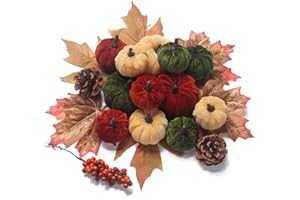 GHGMAO 21 PCS Pumpkins Decor Set, 3 Sizes Fake Velvet Pumpkin, Dark Green Brown Gold Small Foam Pumpkins for Thanksgiving Farmhouse Fall Harvest Autumn Decorations Table Centerpiece