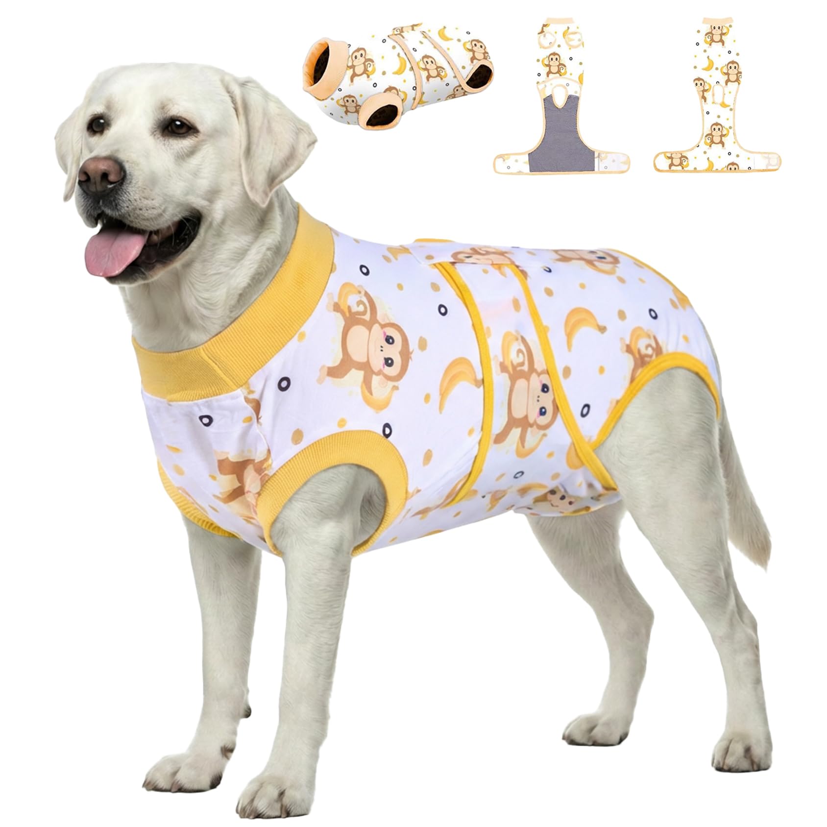 PetWarm Recovery Suit for Male Dogs Neutered, Recovery Suit for Dogs After Surgery, Collars and Cones Alternative Dog Abdominal Wounds Bandages, Monkey Pattern, Yellow, XL