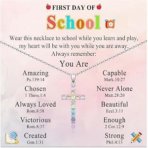 First Day of School Kindergarten Preschool 1st 2nd Grade Back to School | Colorful Copper Cross Pendant, 16"+2" Stainless Ste