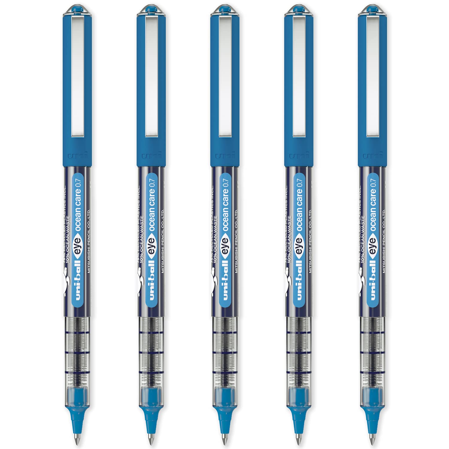 uni-ball Eye Ocean Care UB-157ROP Rollerball Pens - Fine 0.7mm Ballpoint Tip - Writing, Drawing, Art, Crafts and Colouring - Fade and Water Resistant - Pack of 5 Blue Ink