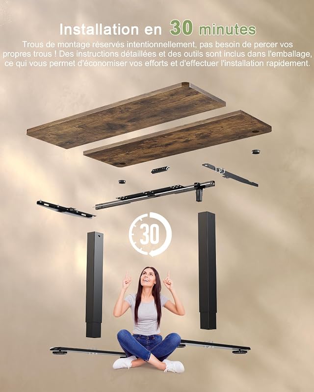 Bureau Assis Debout 100×60 cm, Rappel Posture, 2 Mémoires, Marron — photo 4 sur 8