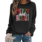 Christmas Sweatshirts for Women Merry and Bright Sweatshirt Merry Christmas Letter Print Shirt Holiday Crewneck Pullover Tops