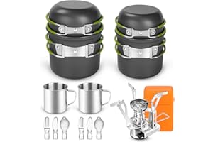 Odoland 16pcs Camping Cookware Mess Kit for 2 People, Lightweight Pot Pan Mini Stove with 2 Cups, Fork Spoon Kits for Backpac