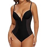 SHAPERIN Women's Deep V Neck Backless Body Shaper Bra Faja Plunge Low Back Thong Shapewear Tummy Control Bodysuit
