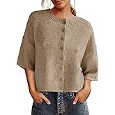 Saodimallsu Womens 3/4 Sleeve Cardigan Sweater Button Down Cropped Crewneck Cardigan 2025 Fall Casual Knit Tops