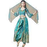 ZYSAMME Women's Belly Dance Halloween Performance Costumes Aladdin Jasmine Princess Dress 4 Piece Outfit