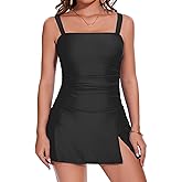One Piece Swimdress Swimsuit for Women Tummy Control Split Swim Dress Skirt Bandeau Bathing Suit