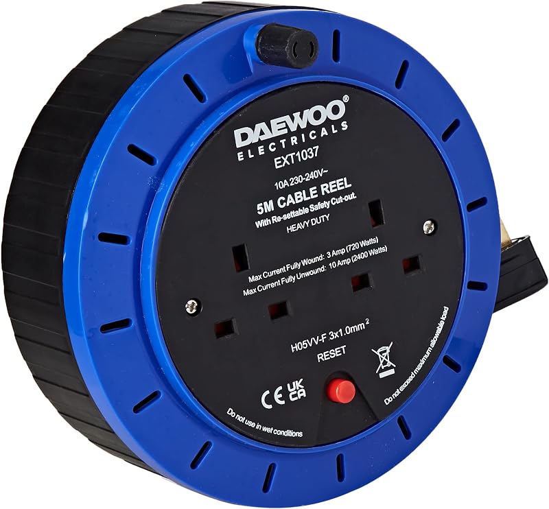 Daewoo Extension Reel 2 Way Socket 5 Metre Cable Heavy Duty Safety Cutout