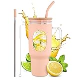 46 Oz Glass Tumbler with Lid – Large Peach Tumbler with Straw and Lid | Ergonomic Glass Water Bottle with Handle, 2 Straws, Silicone Sleeve, Dishwasher Safe, Easy Visibility | Valentine's Day Gift