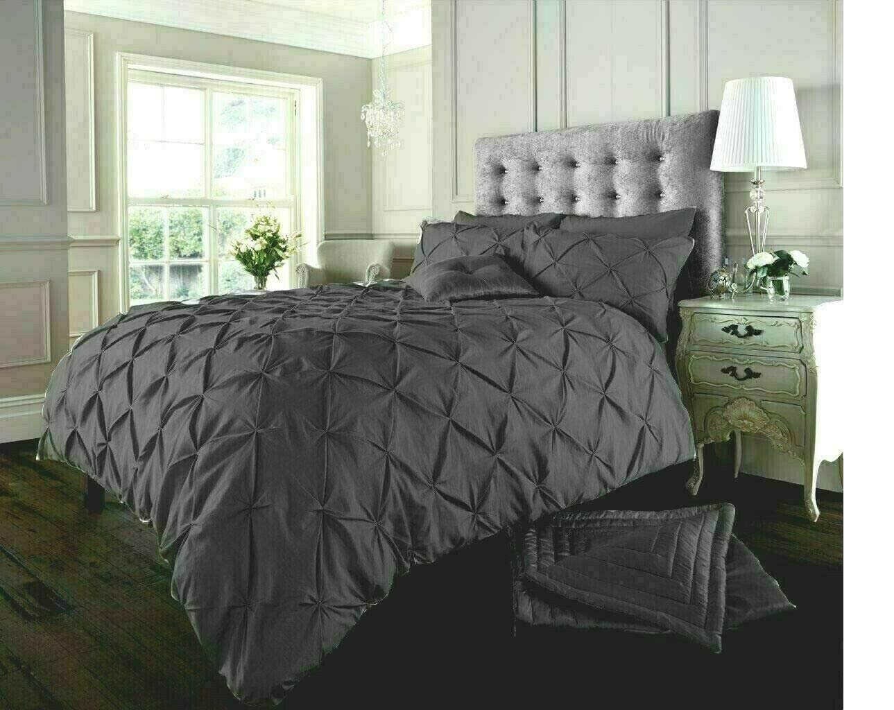 RAYYANLINEN 3PCs PINTUCK PLEATED DUVET COVER BEDDING SET WITH PILLOWCASES (Charcoal Grey, KING)
