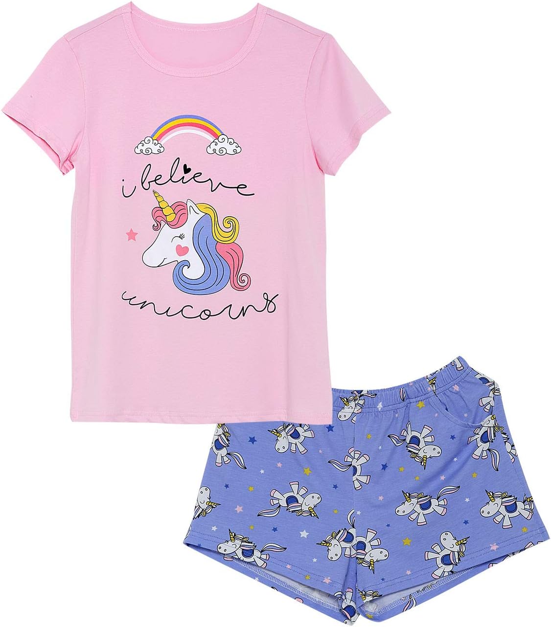 Girls Unicorn Pajamas - 100% Cotton Short Sleeve Tee & Shorts Summer Jammies Set Sleepwear Size 6-16