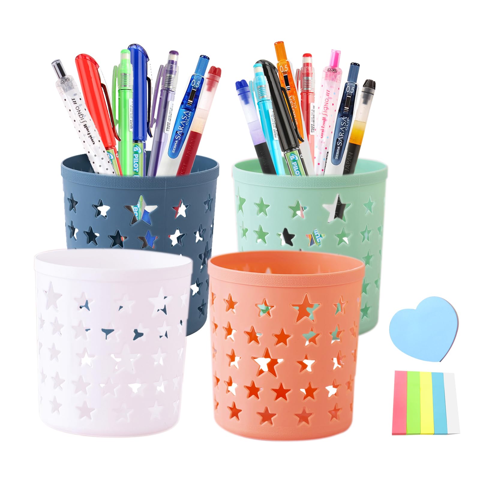 MAINOSHY 4PCS Pencil Holder Cup Hollow Star Pencil Pots Multifunction Makeup Brush Holder Desk Organiser Stationery Storage with Sticky Notes for Office, Home, Classroom