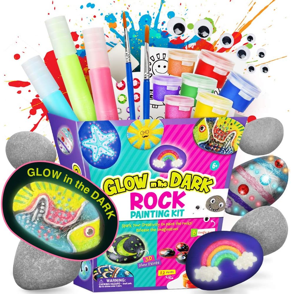 Dr. Daz Rock Painitng Kit, Arts and Crafts for Kids, Paint Your Own Rock Sets for Kids with Glow in The Dark Painting