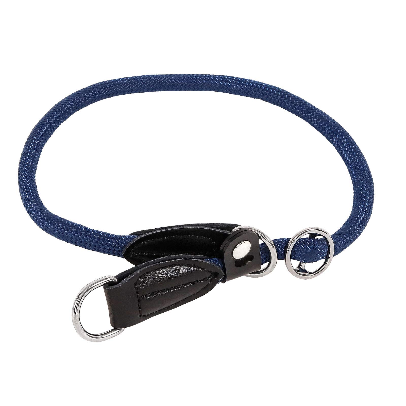 lionto Dog collar made of durable nylon for dog training, length 45 cm, 1 cm thick, pull stop collar for dogs, imitation leather with metal ring & adjustment by stepless slider, blue