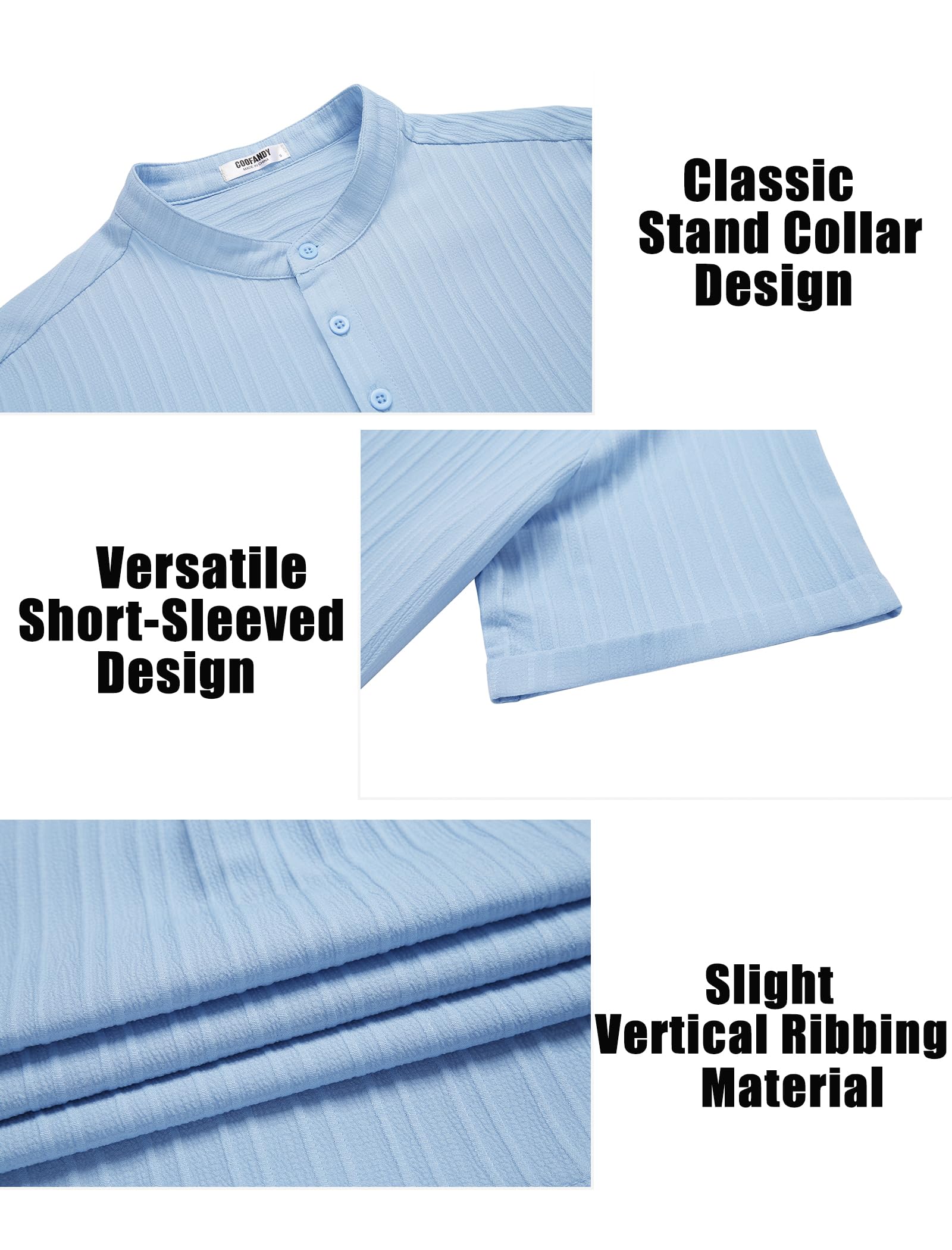 COOFANDY Men Casual Henley Tee Shirt Short Sleeve Band Collar Summer Beach Textured T-Shirt