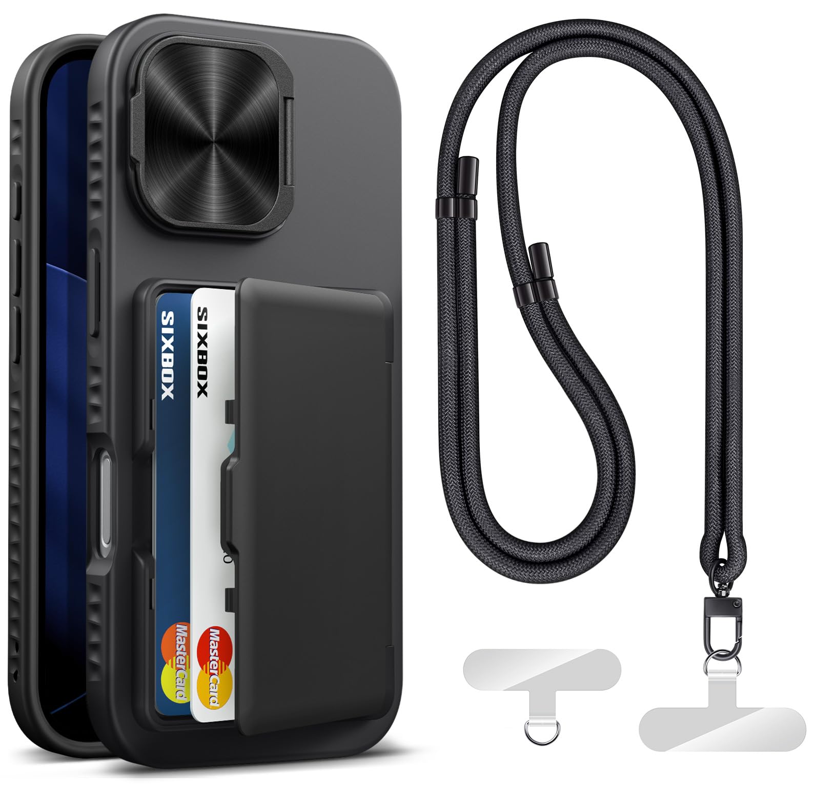SIXBOX for iPhone 17 Case Wallet with Stand & Phone Lanyard Crossbody (2X Phone Tabs) & Card Holder & Camera Cover, Military Grade Drop Protection Phone Case for iPhone 17 6.3" 2025, Black Image