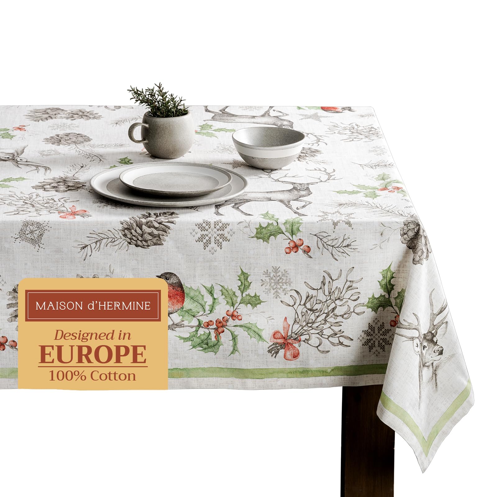 Maison d' Hermine Table Cloth Rectangle Table 100% Cotton 180 cm x 140 cm Tablecloth Reusable Everyday Use for Christmas Decorations Dining Farmhouse Home Party Festive (Christmas Dew) — image 1