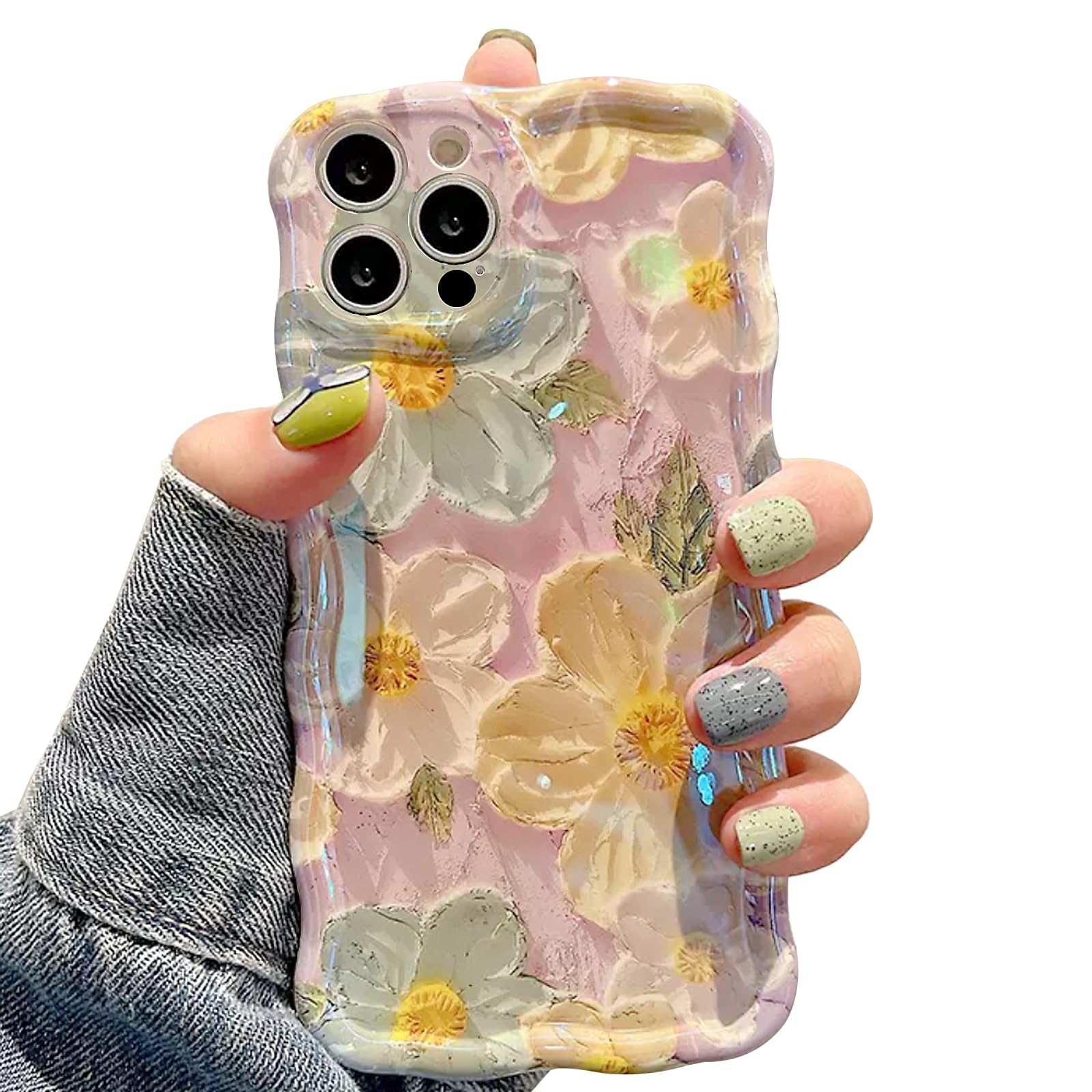 UEEBAI Case for iPhone 16 Pro Max, Colorful Retro Oil Painting Flower Case Pretty Glossy Pattern Wave Case Cute Sparkly Floral Curly Cover Stylish Soft Case for Women and Girl - Yellow Green