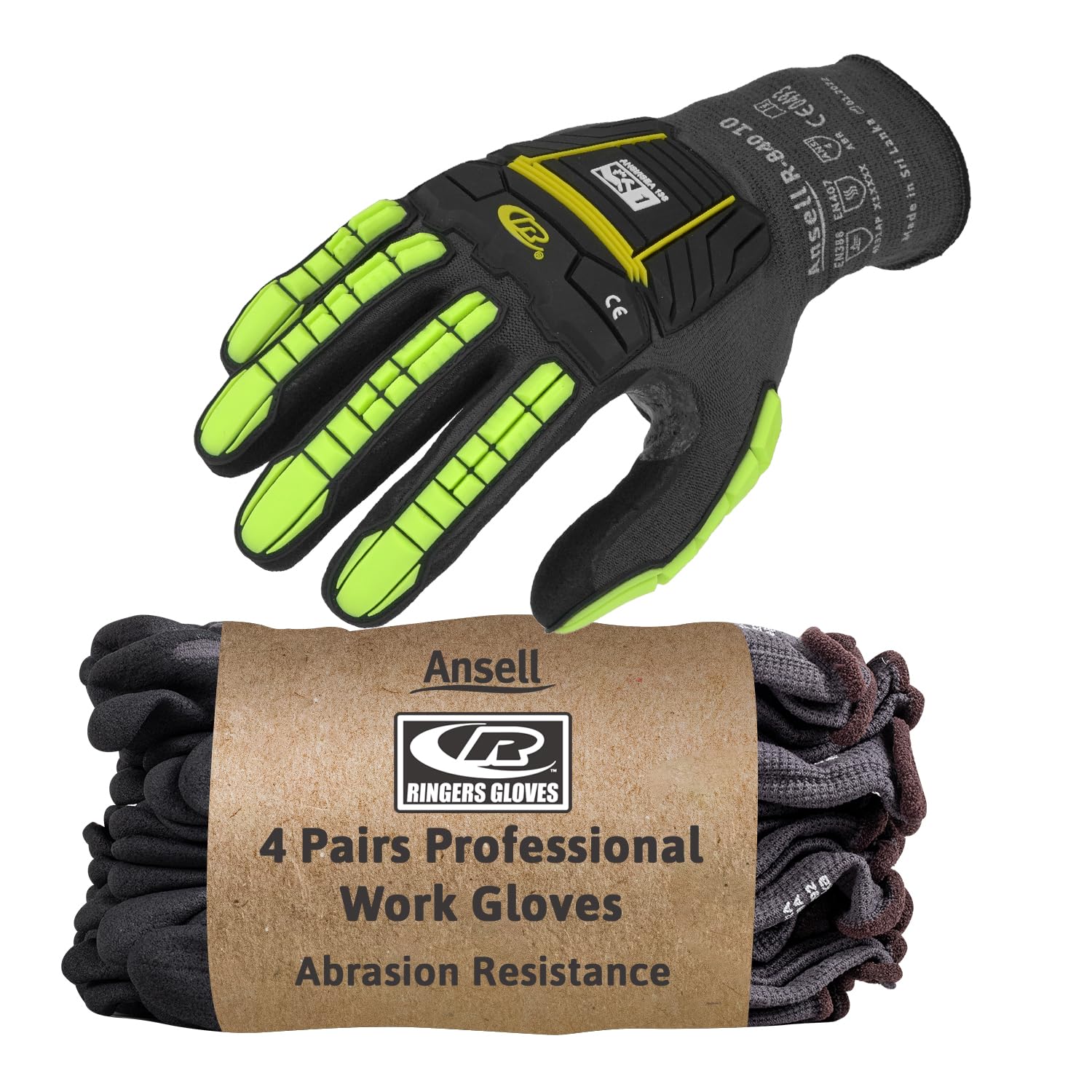 Ansell Ringers R840 Professional Work Gloves, Abrasion Resistant Nitrile Coating with Firm Grip, Multipurpose Protection Gloves, Mechanical and Industrial Safety, Black, Size XS (4 Pairs)