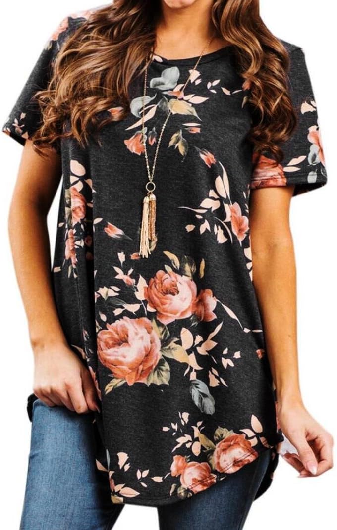 Women Casual Short Sleeve Flower Floral Printed T-Shirt Blouse Tops