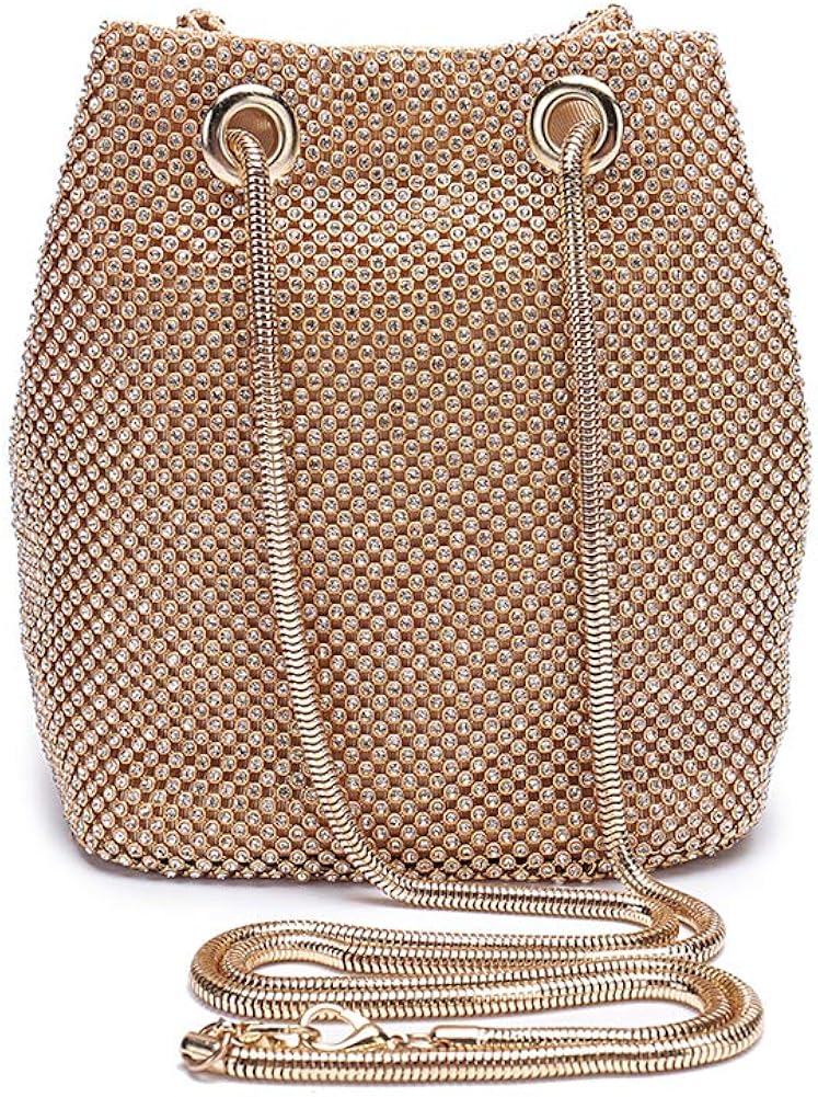 Peng Fang Evening Bags Clutches Shoulder Bucket Bag for Women Crystal Rhinestone Small Handbag Party Prom Wedding Purse(Gold)