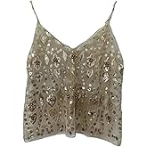 Sexy Sparkle Sequin Rhinestone Crop Cami Top Sleeveless Pearl Embellished Glitter Camisole Backless V Neck Going Out Tank Top