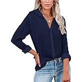 Diosun Womens Button Down V Neck Shirts Long/Short Sleeve Office Casual Business Plain Blouses Tops