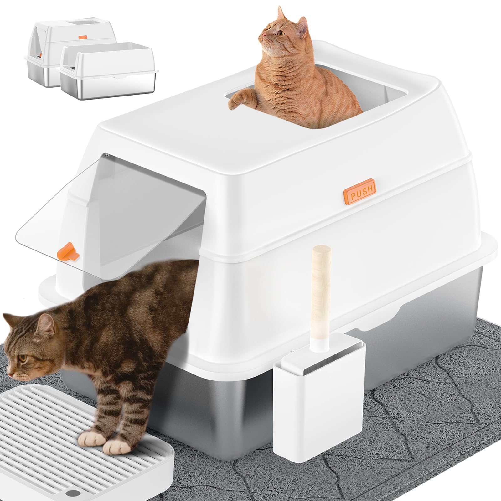 Stainless Steel Litter Box with Lid,Extra Large Enclosed Removable Cat Litter Boxes for Big Cats,Top Entry Metal Kitty Litter Box with Cover.Anti-Leakage,Easy Cleaning.Includes Scoop&Litter Mat-White Image