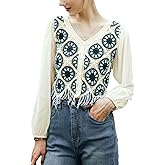 EVAZOU Women's Bohemia Chiffon Blouses, V-Neck Cropped Knitted Hollow Fringed Hem Long Sleeve Shirts Top