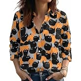 Women's Halloween Button Down Shirt, Pumpkin Witch Cat Skeleton Leaves Print, Fall Autumn Collared Blouse for Thanksgiving