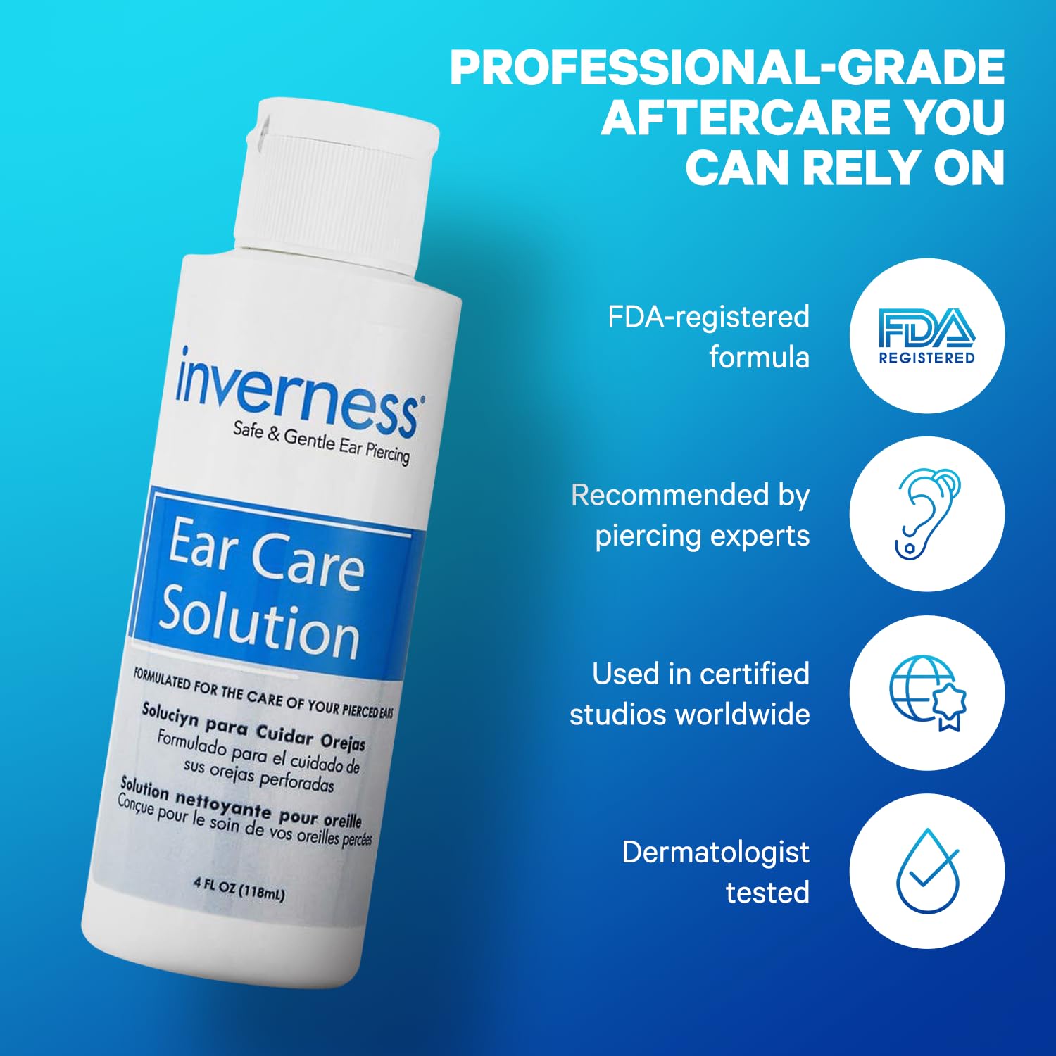 INVERNESS After Piercing Ear Care Solution 4 Oz 2-Pack – Gentle Piercing Care For Newly Pierced Ears