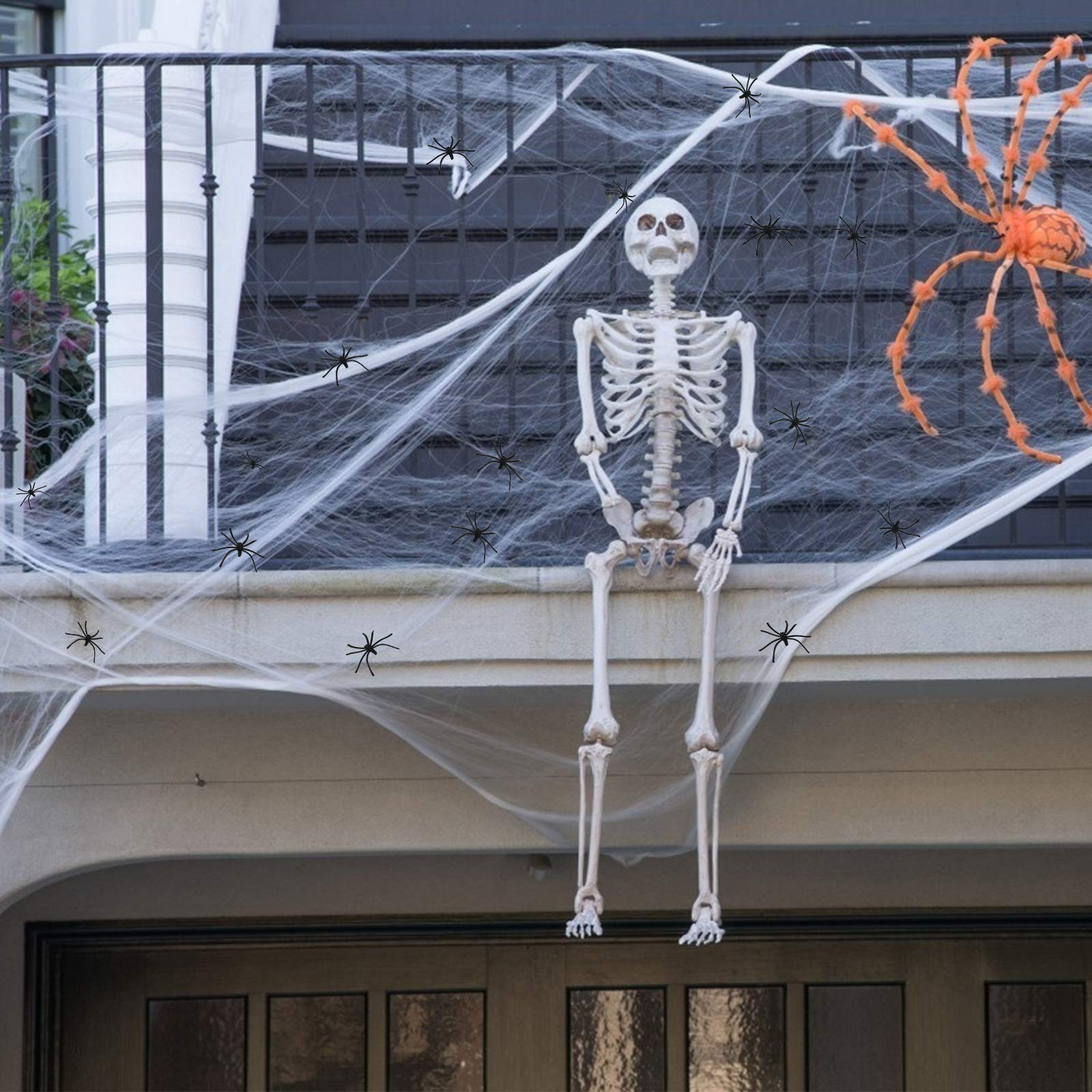 KATOOM 2pcs Halloween Spiderweb Cobweb Fireplace Decoration Black & White Spider web Lace Tablecloth with 30pcs Fake Spiders for Horror Themed Party Haunted House Window