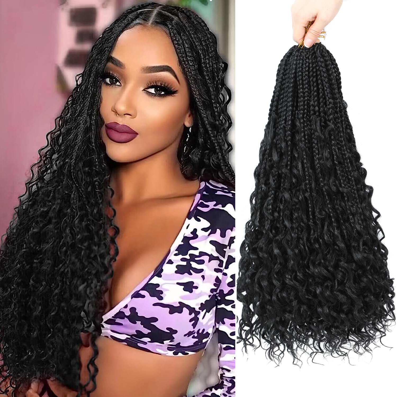Boho Goddess Braids Crochet Hair for Black Women 22 Inch 8 Packs Bohemian Crochet Braids Hair Extensions with Curly Ends Boho Box Braids Crochet (1B, 22 Inch (Pack of 8)) — image 1