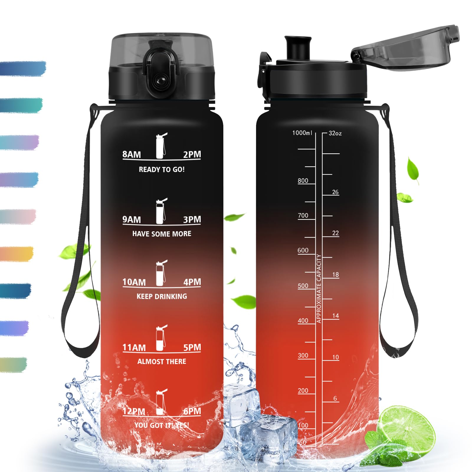 HoneyHolly Water Bottle, 1 Litre, Sports Water Bottle with Time Marking, with Filter, Leak-proof Drinking Bottle, BPA-Free, Water Bottle for Sports, Fitness, Yoga, School, Office