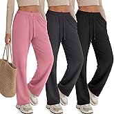 JoyMotion 3 Pack Womens Lounge Pants Wide Leg Drawstring Casual Palazzo Trousers High Waisted Yoga Sweatpants with Pockets