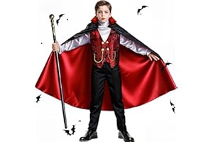 BLmukce Boys Vampire Costume Set, Halloween Party Vampire Cosplay Outfit with Cape, Shirt, Pants & Cane, kids dracula costume