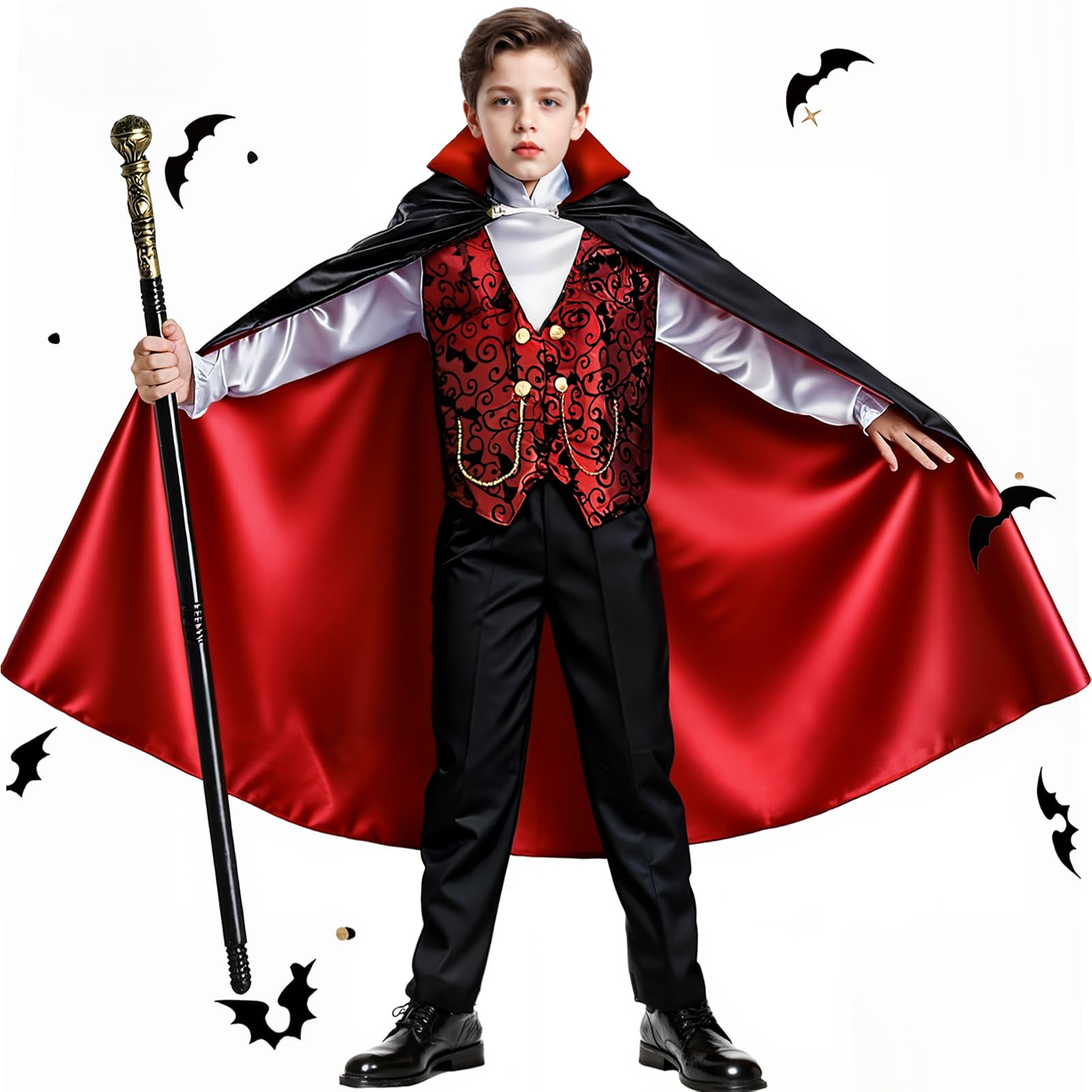 Photo 1 of ******* ONLY VEST AND CAPE **** BLmukce Boys Vampire Costume Set, Halloween Party Vampire Cosplay Outfit with Cape, Shirt, Pants & Cane, kids dracula costume (M(6-9Y, 51"-59"))