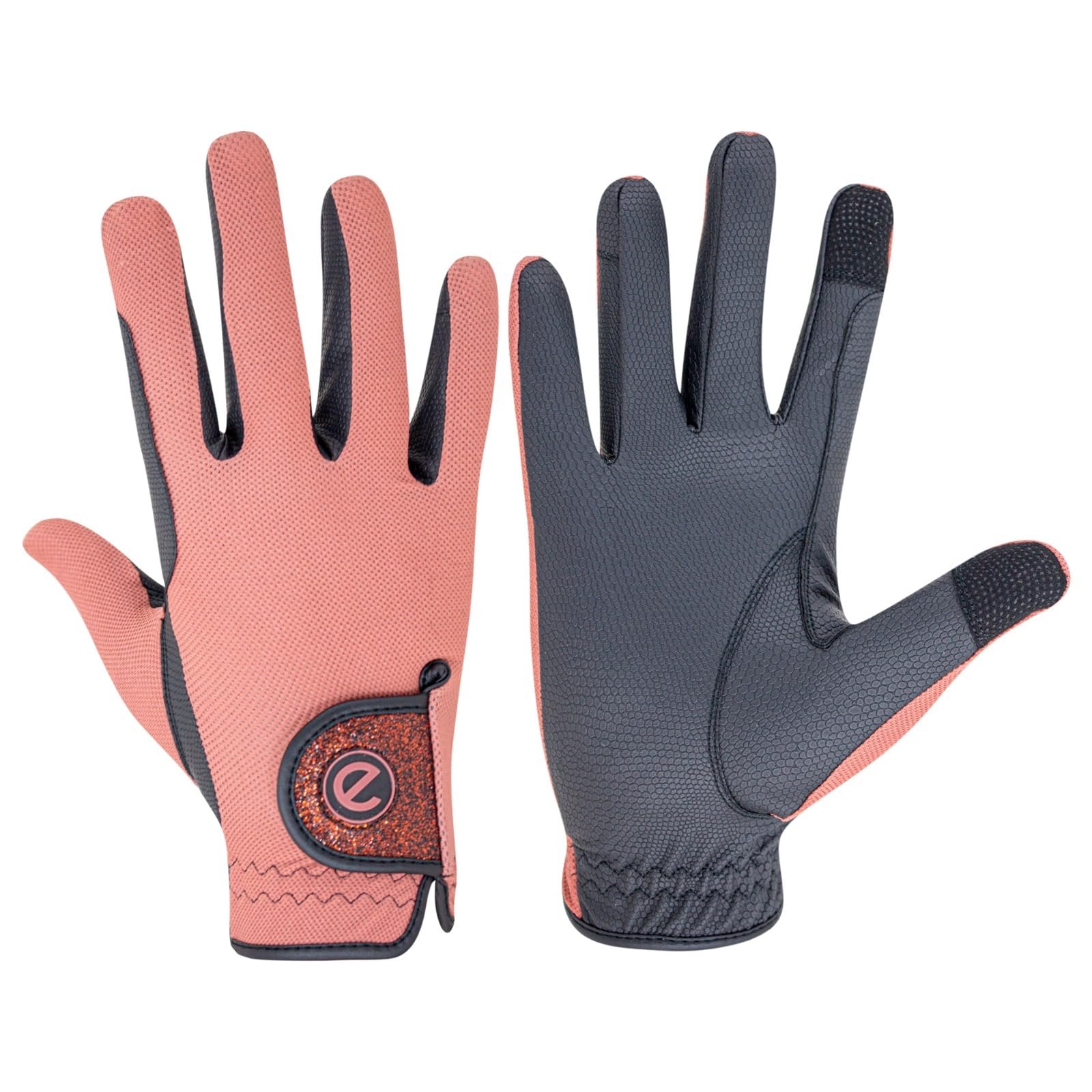 eGlove - eQUEST GripPro X-LITE Horse Riding Gloves - Lightweight, Breathable, Grippy Non-Slip Material - Comfort Mesh Back - Touchscreen Gloves (CORAL - GLITTER CUFF, L)