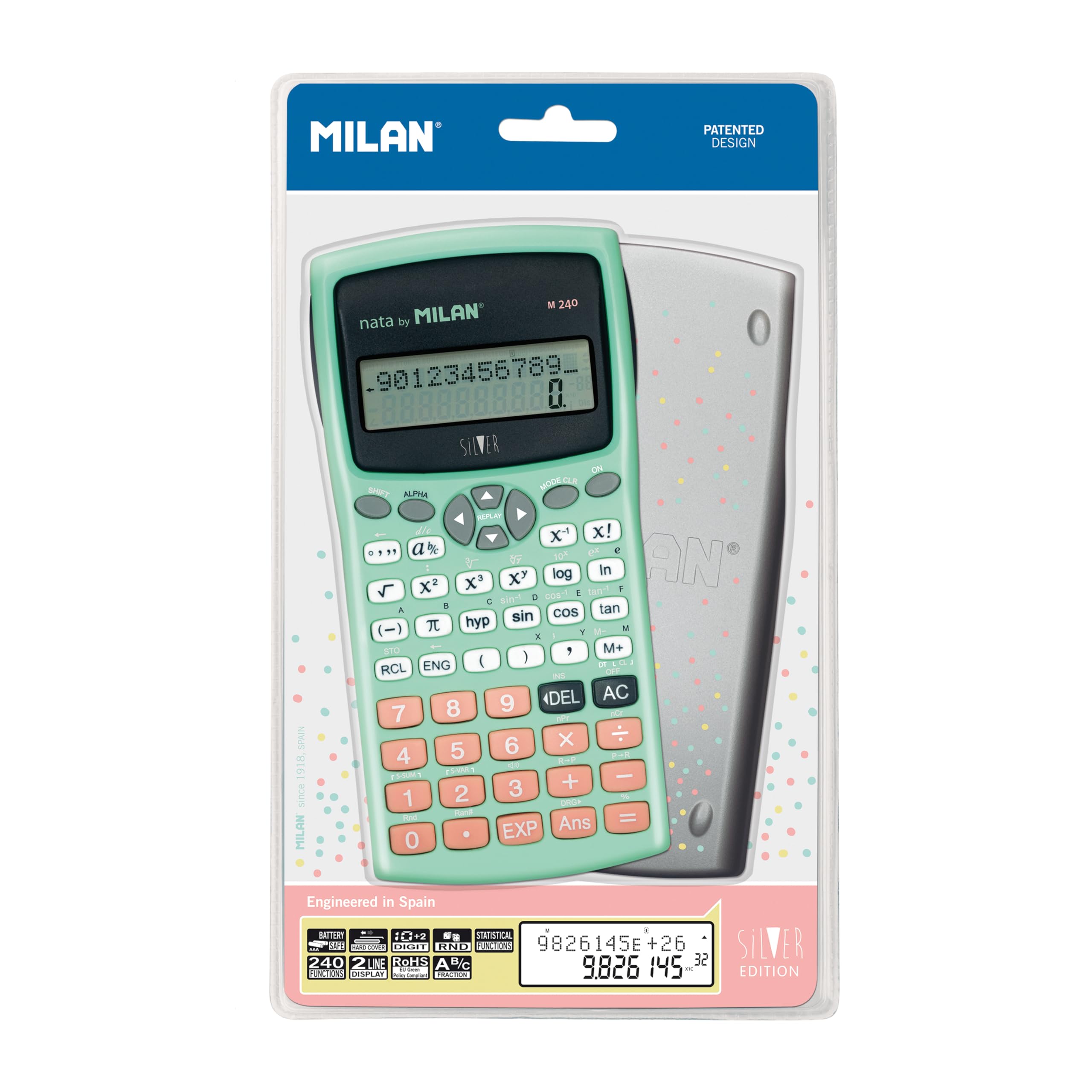 MILAN Scientifica M240 Silver Calculator 2 Lines 240 Functions 10+2 Digits Turquoise Green with Colour Cover