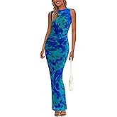 PRETTYGARDEN Womens Summer Wedding Guest Dress 2026 Spring Mesh Sleeveless Bodycon Ruched Floral Holiday Maxi Long Dresses