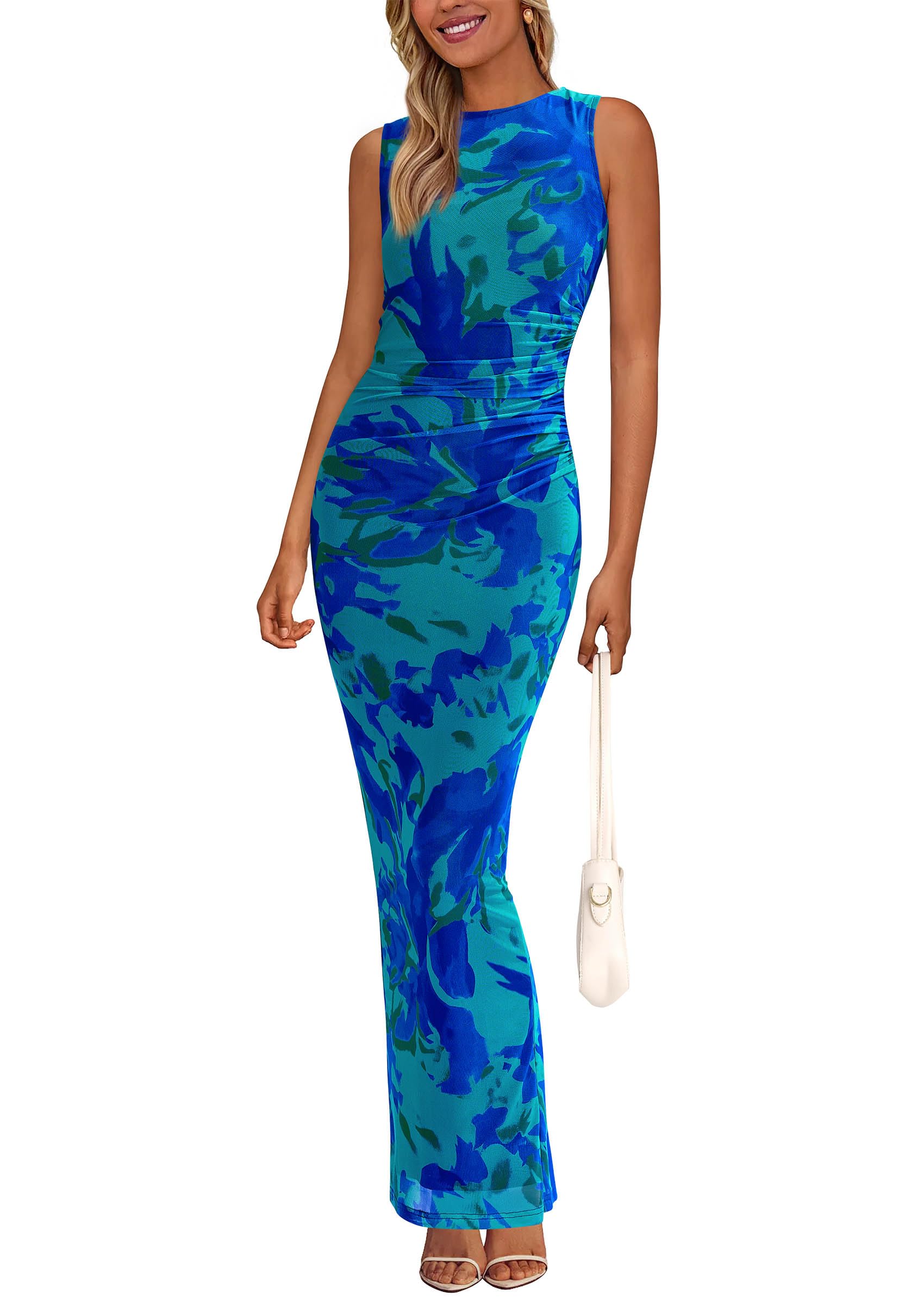 PRETTYGARDEN Womens Summer Wedding Guest Dress 2026 Spring Mesh Sleeveless Bodycon Ruched Floral Holiday Maxi Long Dresses(Green Blue Flower,Medium) Image