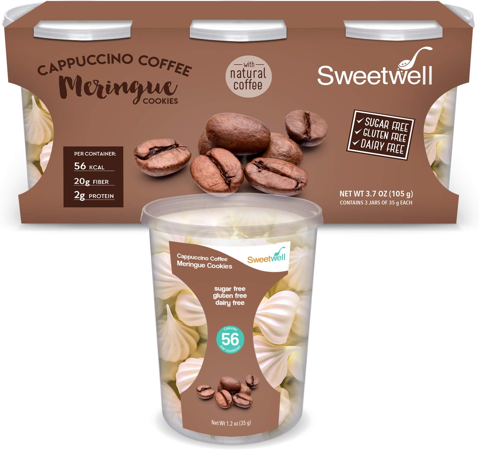 Sweetwell - Sugar Free - Gluten Free - Fat Free - Dairy Free - Superior Taste Healthy Snacks with Low Glycemic Index - Meringues - 1.23 oz - Pack of 3 (Cappuchino)