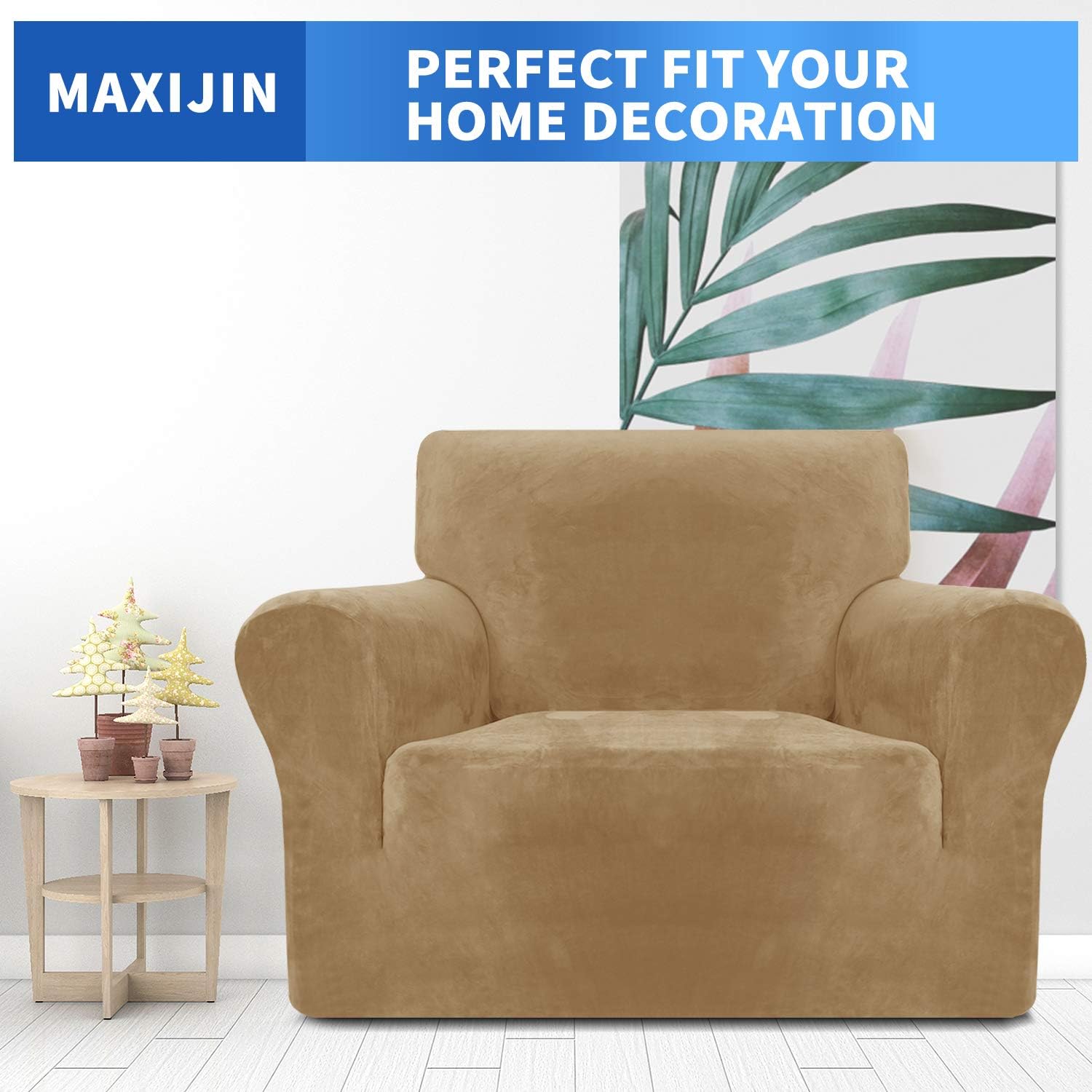 MAXIJIN Thick Velvet Chair Covers for Armchairs Super Stretch Non Slip Sofa Cover 1 Seater Dogs Cat Pet Living Room 1-Piece Elastic Couch Protector Chair Slipcover with Arms - Image 3