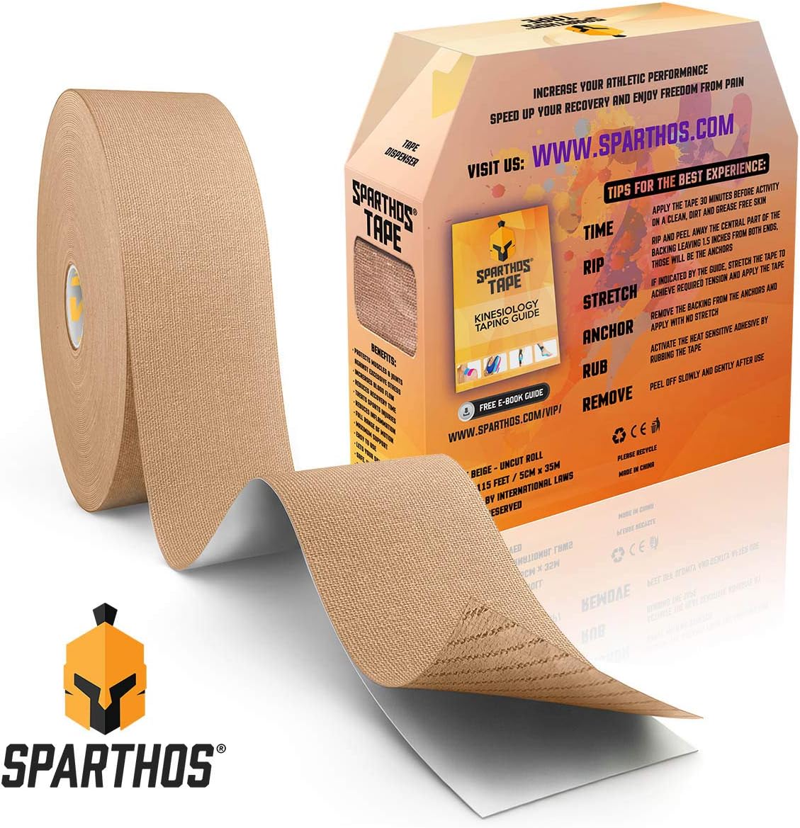 Sparthos Kinesiology Tape - Bulk Large Jumbo - Free Kinesio Taping Guide! - Support for Pro Athletic Kt Sports and Recovery - Rocktape Waterproof Tex Rock Gold Tapes - Uncut 115 ft Roll (Beige): Health & Personal Care