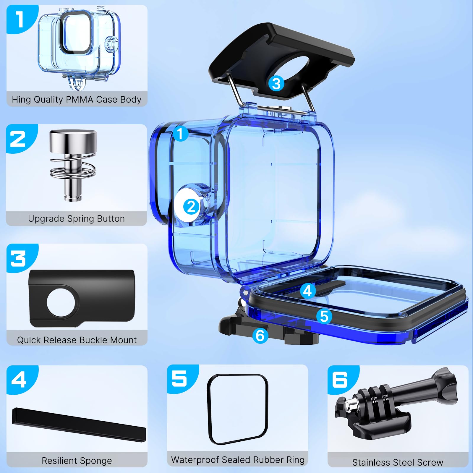 HONGDAK 60M/196FT Waterproof Case with Anti Fog Inserts for Go Pro Hero12 11 10 9 Black, Protective Underwater Diving Housing Shell with 3 Pack Filters Accessories for Hero 12 11 10 9 (Blue)
