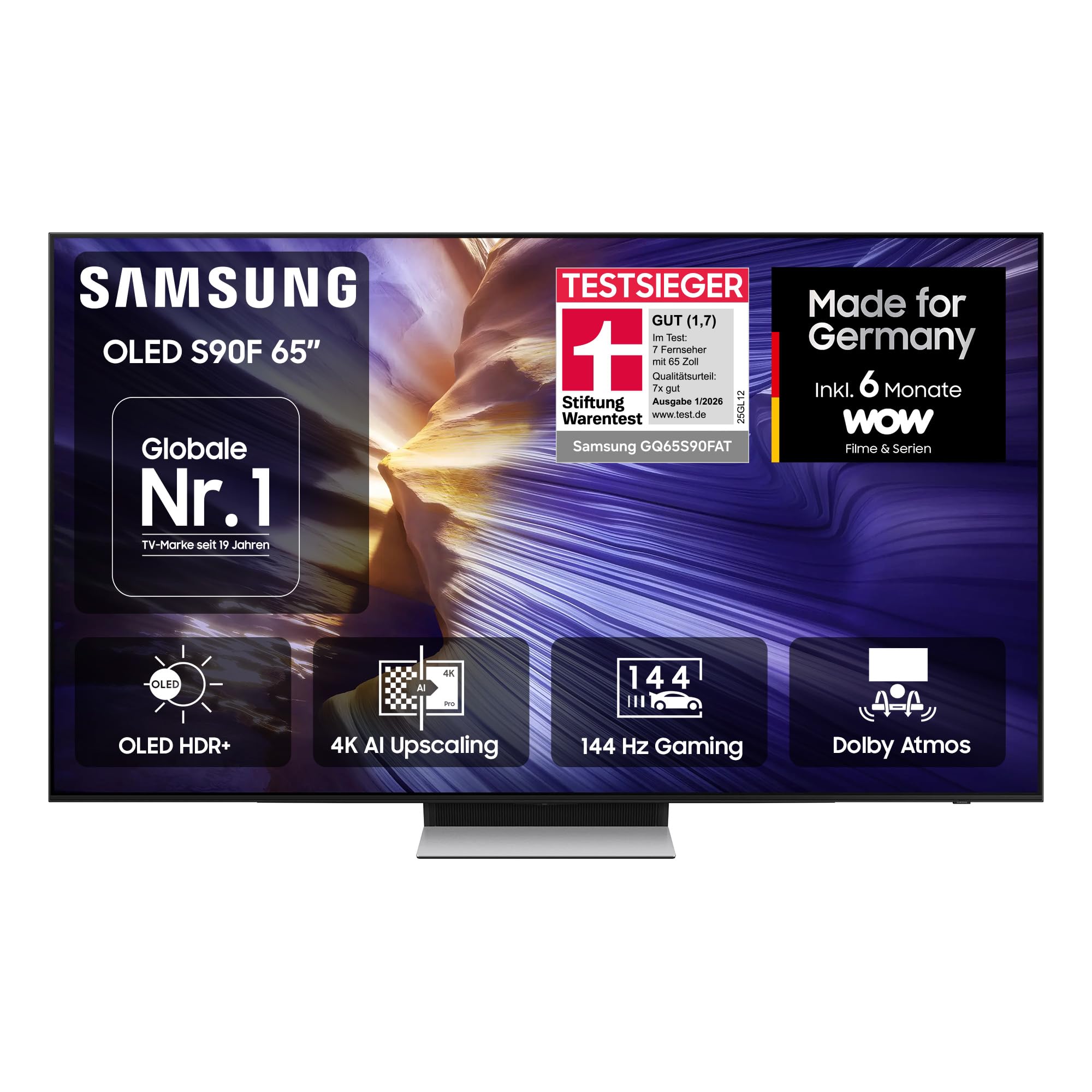 Samsung OLED 4K S90F 65 Zoll (163 cm), UHD Fernseher, Optimiert für Fussball und Gaming, NQ4 AI Gen3 Prozessor, OLED HDR+, 4K Upscaling Pro, Dolby Atmos, Motion Xcelerator, Samsung Vision AI Smart TV