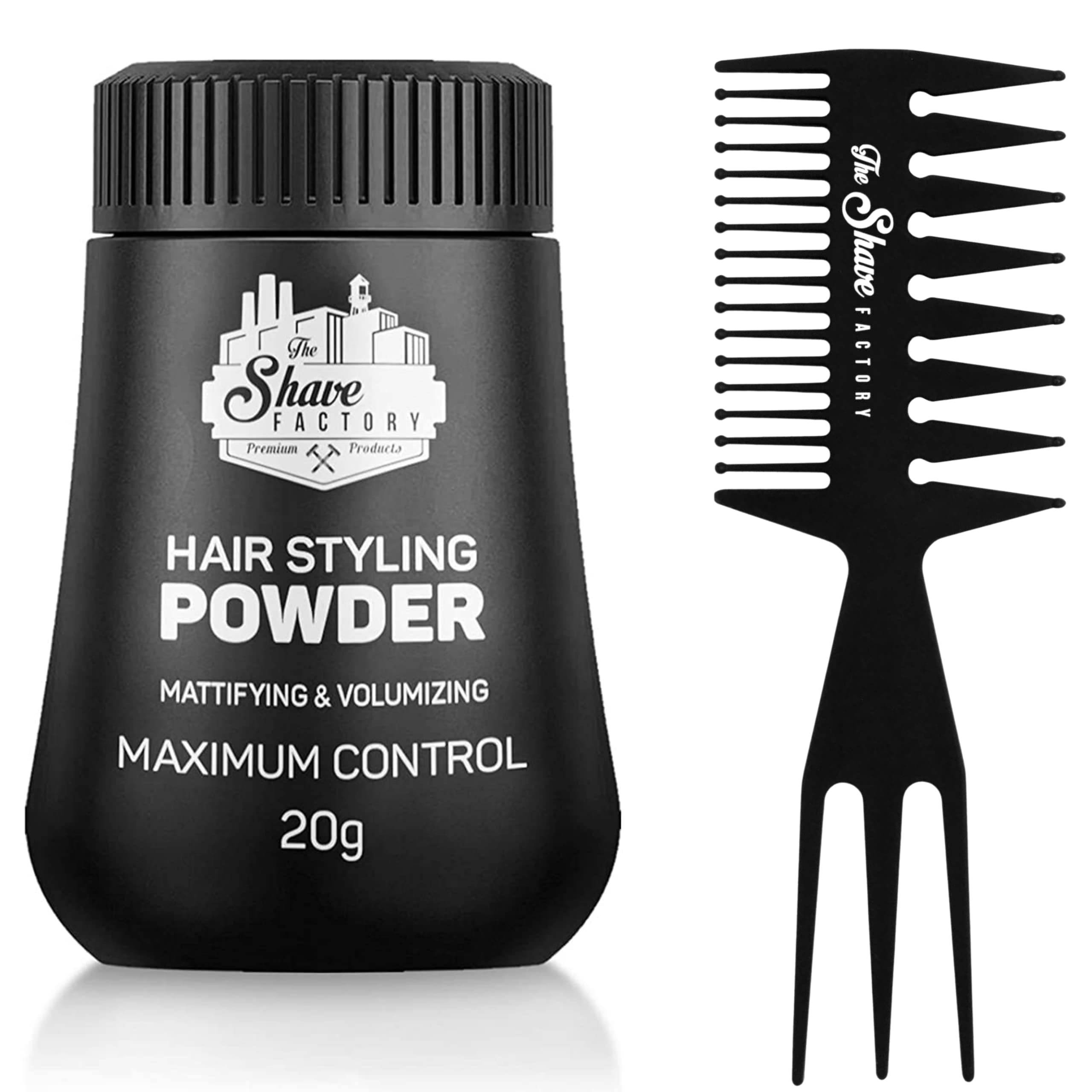 The Shave Factory Hair Styling Powder - Mattifying and Volumizing Powder, with comb types suitable for all areas of use, hair comb and powder wax (Comb 034 & Styling Powder)