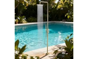 RBROHANT Freestanding Outdoor Shower Gold, Height Adjustable Stainless Steel Outdoor Showers for Backyard Garden Pool Beach, Stand Alone Outdoor Shower Hot and Cold Water, Brushed Gold, JK0456